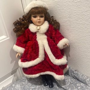 Limited Edition Porcelain Brunette Girl Doll Red White Fur Christmas Outfit